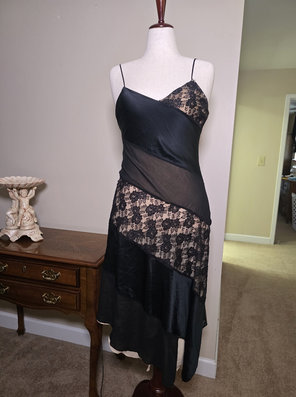 Vintage Express Black Silk Satin And Lace Handkerchief Hem Dress Size 5/6